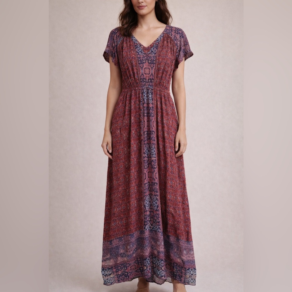 Lucky Brand Boho Floral Maxi Dress Size XS Mixed Print Casual with Pockets